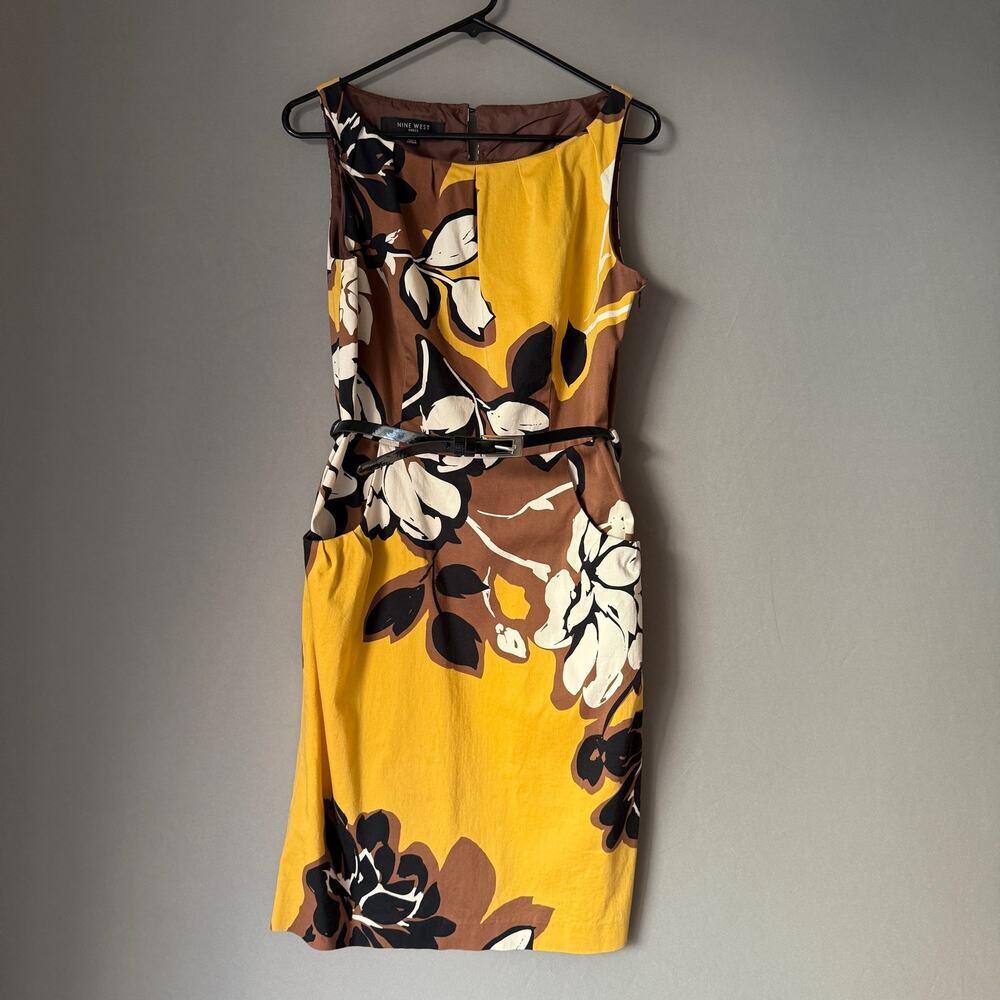Nine West sz 10 Yellow Brown belted floral sheath dress